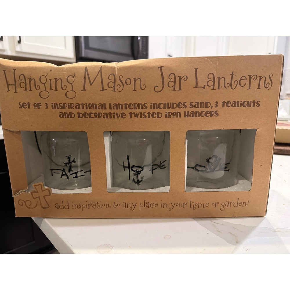 Hanging Mason Jar Lanterns Set of 3 Faith Hope Love Inspirational Decor New